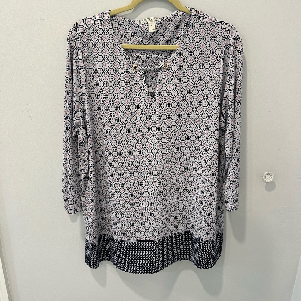 Dana Buchman Gray, Purple, Navy & White 3/4 Sleeve Boxy Blouse